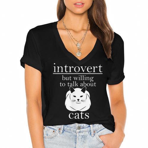 Introvert But Willing To Talk About Cats Women's Jersey Short Sleeve Deep V-Neck Tshirt - Raresse