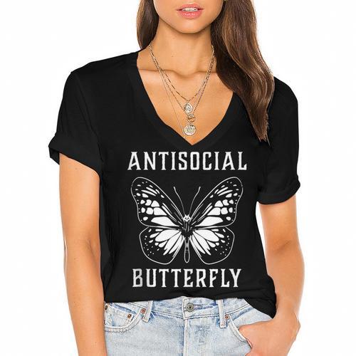 Introverted Introvert Antisocial Butterfly Women's Jersey Short Sleeve Deep V-Neck Tshirt - Raresse