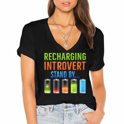 Introverted Recharging Introvert Saying Sarcasm Women's Jersey Short Sleeve Deep V-Neck Tshirt				 - Raresse