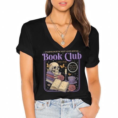 Introverted Romance Unapologetically Anti-Social Book Club Women's Jersey Short Sleeve Deep V-Neck Tshirt				 - Bookorys CA