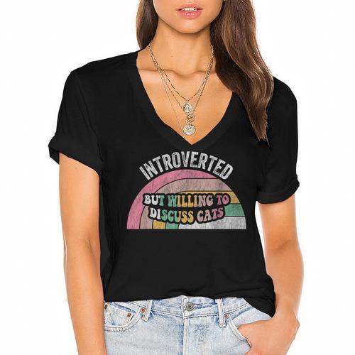 Introverted But Willing To Discuss Cats Rainbow Women's Jersey Short Sleeve Deep V-Neck Tshirt				 - Raresse