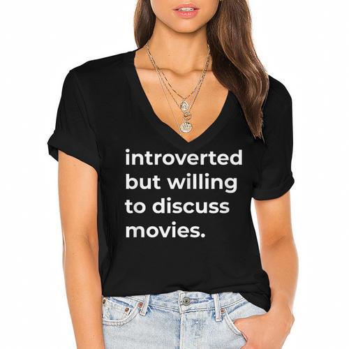 Introverted But Willing To Discuss Movies Women's Jersey Short Sleeve Deep V-Neck Tshirt - Raresse
