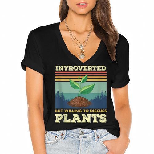 Introverted But Willing To Discuss Plants Women's Jersey Short Sleeve Deep V-Neck Tshirt - Raresse