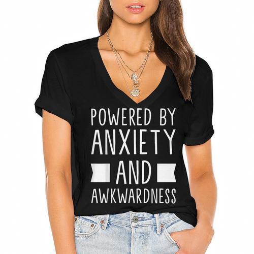 Introverts Social Anxiety Powered By Anxiety And Awkwardness Women's Jersey Short Sleeve Deep V-Neck Tshirt - Raresse