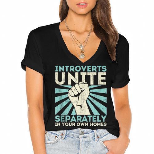 Introverts Unite Separately Introverted Antisocial Women's Jersey Short Sleeve Deep V-Neck Tshirt - Raresse