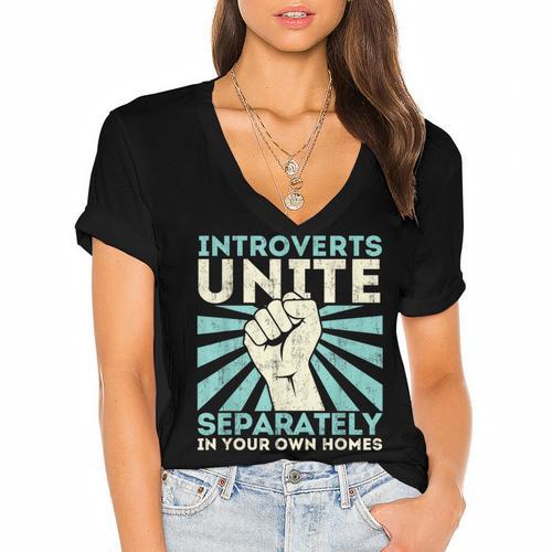 Introverts Unite Separately Introverted Antisocial Women's Jersey Short Sleeve Deep V-Neck Tshirt				 - Raresse