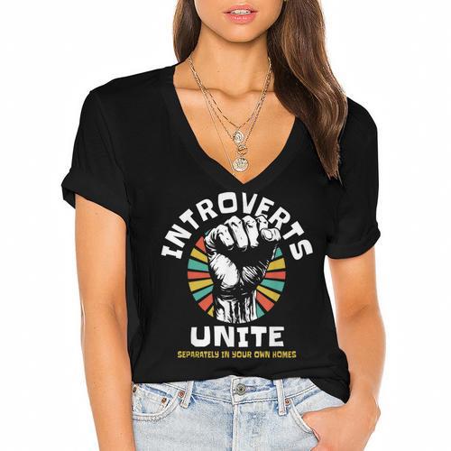 Introverts Unite Separately Own Homes Emblem Women's Jersey Short Sleeve Deep V-Neck Tshirt				 - Raresse