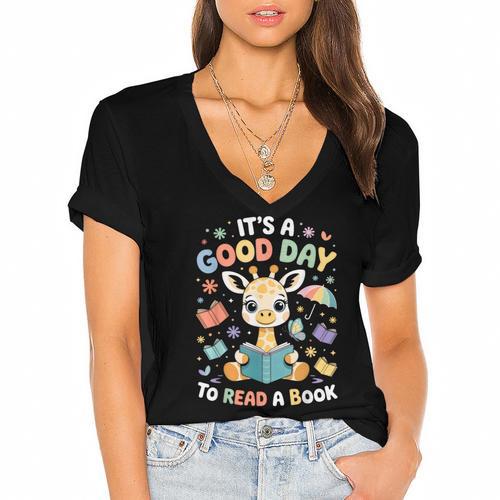 It's a Good Day To Read a Book Cute Giraffe Women's Jersey Short Sleeve Deep V-Neck Tshirt				 - Bookorys CA
