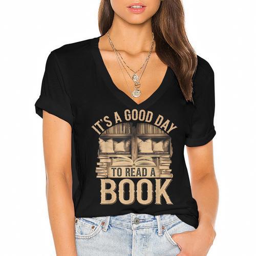 It’s a Good Day To Read a Book Lovers Library Reading Women's Jersey Short Sleeve Deep V-Neck Tshirt				 - Bookorys DE