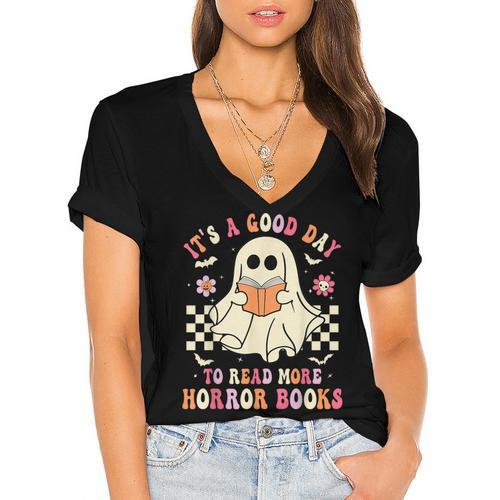 It's A Good Day To Read More Horror Books Halloween Women's Jersey Short Sleeve Deep V-Neck Tshirt				 - Bookorys UK
