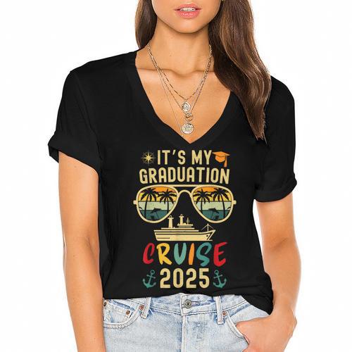 It's My Graduation Cruise 2025 Summer Cruise Seniors Trip Women's Jersey Short Sleeve Deep V-Neck Tshirt - Best Gift Smart