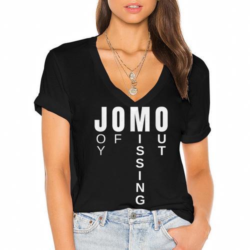 JOMO Joy Of Missing Out Sarcastic Introvert Women's Jersey Short Sleeve Deep V-Neck Tshirt - Raresse