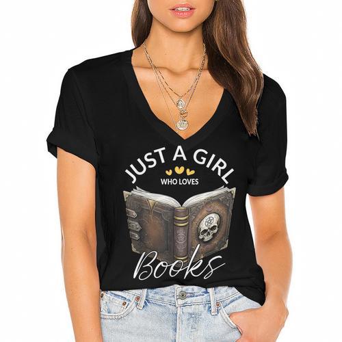 Just A Girl Who Loves Books Witchcraft Spell Book Halloween Women's Jersey Short Sleeve Deep V-Neck Tshirt				 - Bookorys AU