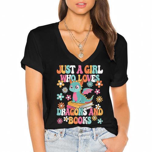 Just A Girl Who Loves Dragons And Books Reading Bookworm Women's Jersey Short Sleeve Deep V-Neck Tshirt				 - Bookorys DE
