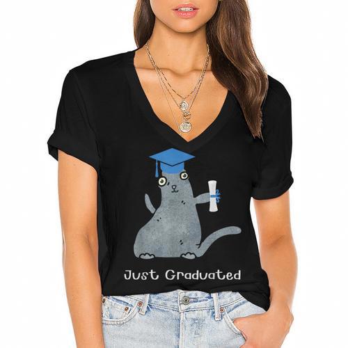 Just Graduated Cat With Graduation Cap And Diploma For Men Women Girls Kids Women's Jersey Short Sleeve Deep V-Neck Tshirt				 - Best Gift Smart
