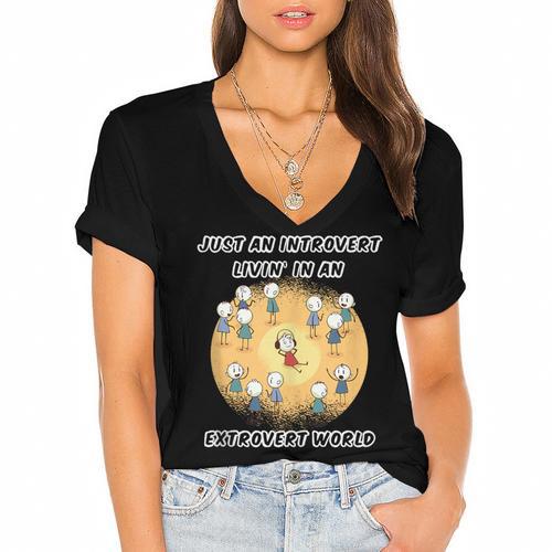 Just An Introvert Living In An Extrovert World Stickmen Women's Jersey Short Sleeve Deep V-Neck Tshirt - Raresse