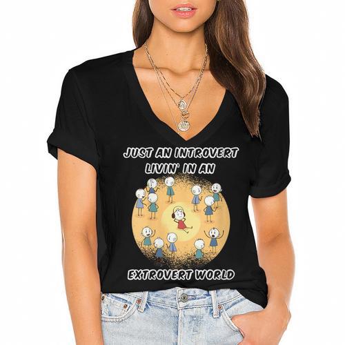 Just An Introvert Living In An Extrovert World Stickmen Women's Jersey Short Sleeve Deep V-Neck Tshirt - Raresse