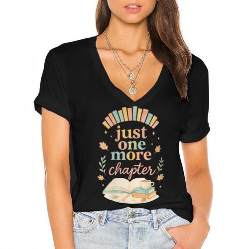 Just One More Chapter Cozy Book Lover Reading & Coffee Women's Jersey Short Sleeve Deep V-Neck Tshirt				 - Bookorys DE
