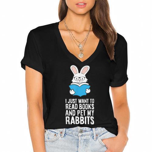 I Just Want To Read Books And Pet My Rabbit Women's Jersey Short Sleeve Deep V-Neck Tshirt				 - Bookorys