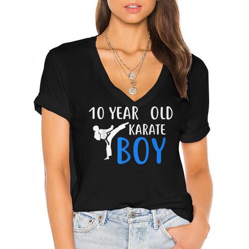 Karate Boy 10 Year Old Kids Shirt Graduation Women's Jersey Short Sleeve Deep V-Neck Tshirt - Best Gift Smart