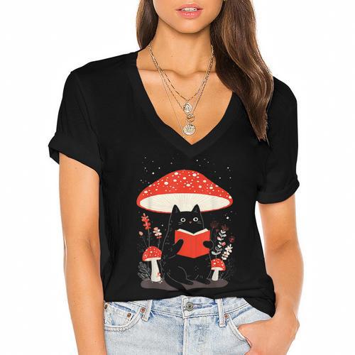 Kawaii Cottagecore Mushroom Cat Reading a Book Women's Jersey Short Sleeve Deep V-Neck Tshirt				 - Bookorys AU