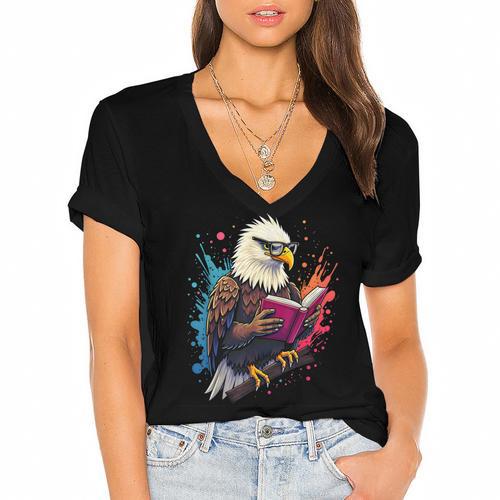 Kawaii Eagle Reads Book Reading Library Book Bookworm Women's Jersey Short Sleeve Deep V-Neck Tshirt				 - Bookorys