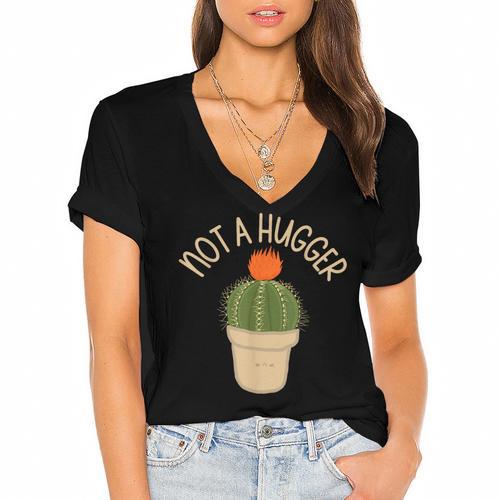 Kawaii Grumpy Cactus Not a Hugger Plant Introvert Women's Jersey Short Sleeve Deep V-Neck Tshirt				 - Raresse