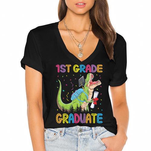 Kids 1st Grade Graduate Dinosaur Trex 1st Grade Graduation Women's Jersey Short Sleeve Deep V-Neck Tshirt				 - Best Gift Smart