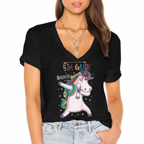 Kids Dabbing Unicorn Graduation 5th Grade Class Of 2019 Women's Jersey Short Sleeve Deep V-Neck Tshirt - Best Gift Smart