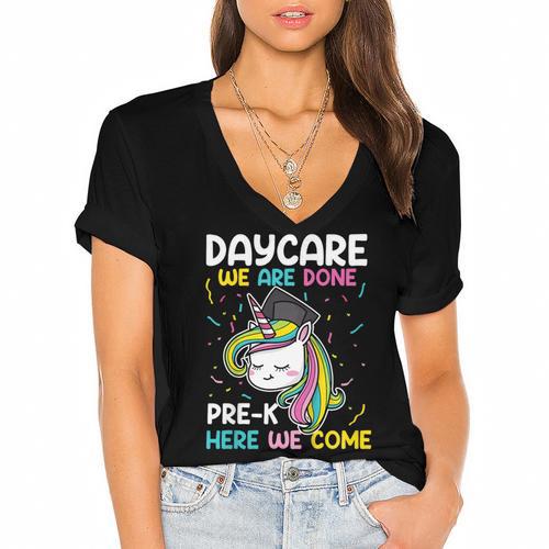 Kids Daycare Graduation Unicorn Last Day Of School Kids Women's Jersey Short Sleeve Deep V-Neck Tshirt				 - Best Gift Smart
