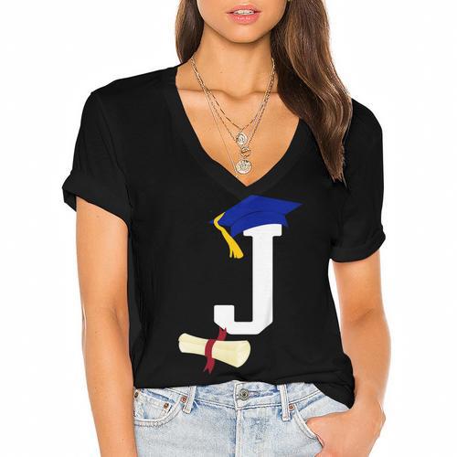 Kids Initial J Letter For Boys Preschool Graduation Kindergarten Women's Jersey Short Sleeve Deep V-Neck Tshirt				 - Best Gift Smart