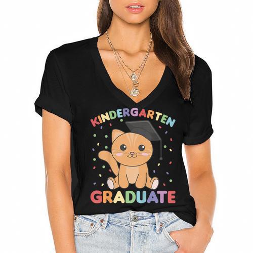 Kids Kindergarten Graduate Cat Graduation Women's Jersey Short Sleeve Deep V-Neck Tshirt				 - Best Gift Smart