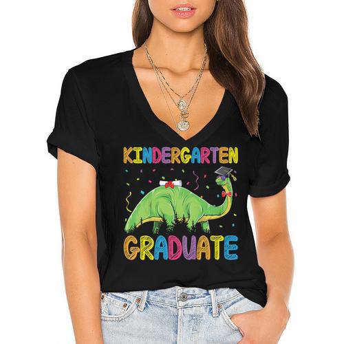Kids Kindergarten Graduate Dinosaur Kindergarten Graduation Women's Jersey Short Sleeve Deep V-Neck Tshirt				 - Best Gift Smart