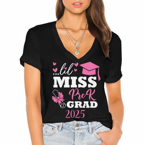 Kids Little Miss Pre-K Grad Preschool Prek Graduation 2025 Women's Jersey Short Sleeve Deep V-Neck Tshirt				 - Best Gift Smart