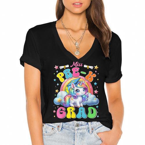 Kids Miss Pre-K Grad Graduation Cute Unicorn Rainbow Girls Women's Jersey Short Sleeve Deep V-Neck Tshirt				 - Best Gift Smart