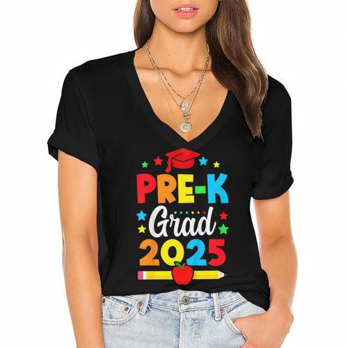 Kids Pre-K Grad 2025 Preschool Graduation 2025 Women's Jersey Short Sleeve Deep V-Neck Tshirt				 - Best Gift Smart
