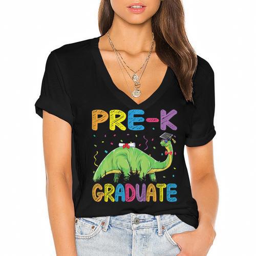 Kids Pre-K Graduate Brontosaurus Dino Pre Kindergarten Graduation Women's Jersey Short Sleeve Deep V-Neck Tshirt				 - Best Gift Smart