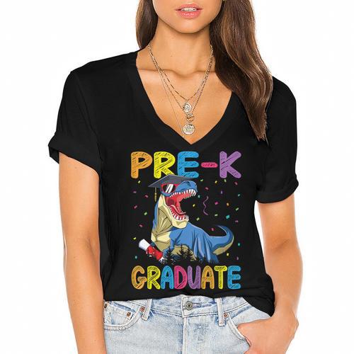 Kids Pre-K Graduate Dinosaur T-Rex Pre Kindergarten Graduation Women's Jersey Short Sleeve Deep V-Neck Tshirt				 - Best Gift Smart