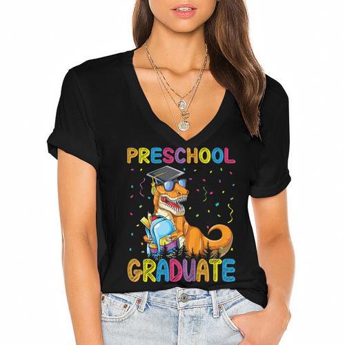 Kids Preschool Graduate Dinosaur Trex Preschool Graduation Women's Jersey Short Sleeve Deep V-Neck Tshirt				 - Best Gift Smart