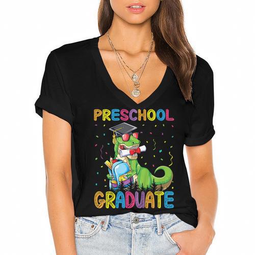 Kids Preschool Graduate T-Rex Dinosaur Preschool Graduation Women's Jersey Short Sleeve Deep V-Neck Tshirt				 - Best Gift Smart