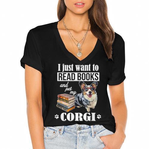 Kids Read Books & Pet My Blue Merle Corgi Lover Women's Jersey Short Sleeve Deep V-Neck Tshirt - Bookorys DE