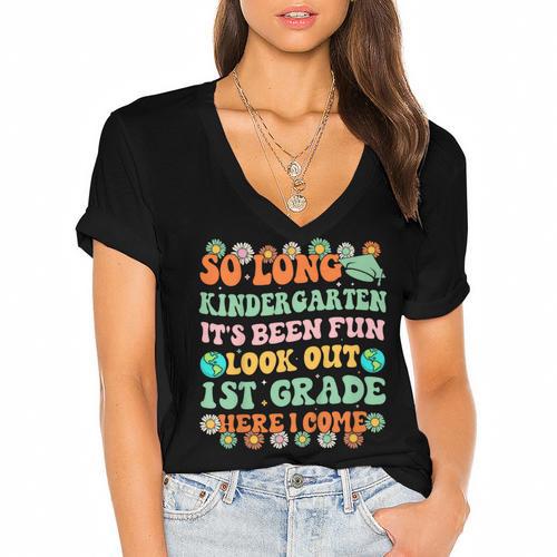 Kids So Long Kindergarten 1st Grade Here I Come Graduation Groovy Women's Jersey Short Sleeve Deep V-Neck Tshirt				 - Best Gift Smart