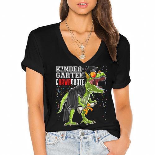 Kindergarten Grawrduate Dinosaur Graduation Cap Shirt Women's Jersey Short Sleeve Deep V-Neck Tshirt - Best Gift Smart