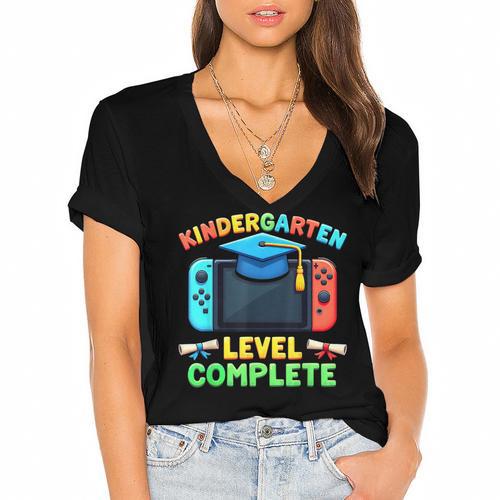Kindergarten Level Complete Graduation Class 2025 Gamer Boys Women's Jersey Short Sleeve Deep V-Neck Tshirt				 - Best Gift Smart
