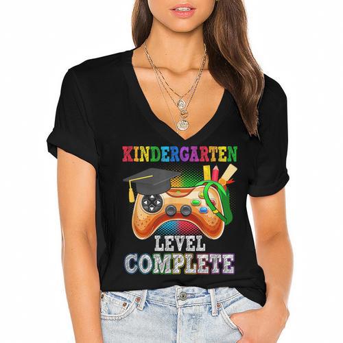 Kindergarten Level Complete Last Day Of School Graduation Women's Jersey Short Sleeve Deep V-Neck Tshirt				 - Best Gift Smart