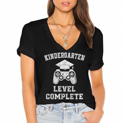 Kindergarten Level Complete Retro Graduation Video Gamer Women's Jersey Short Sleeve Deep V-Neck Tshirt				 - Best Gift Smart