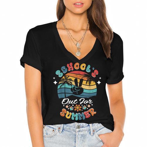 Last Day Of School Groovy Graduation School's Out For Summer Women's Jersey Short Sleeve Deep V-Neck Tshirt - Best Gift Smart