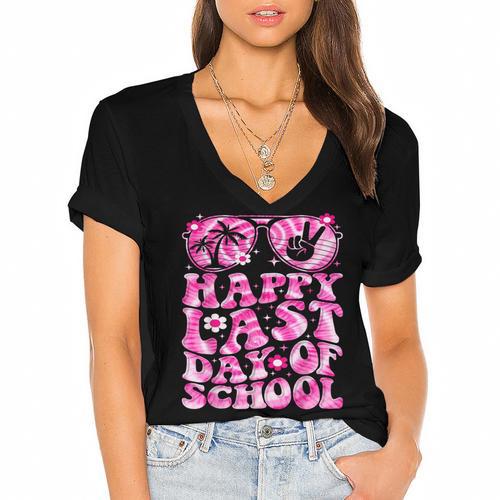 Last Day Of School Teacher Students School Graduation Groovy Women's Jersey Short Sleeve Deep V-Neck Tshirt				 - Best Gift Smart