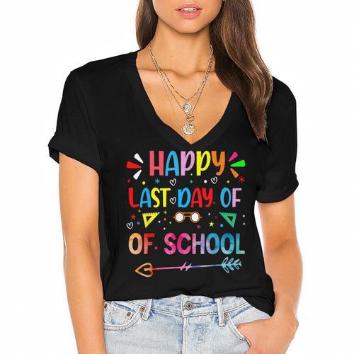 Last Day Of School Tie Dye School Graduation Summer Teacher Women's Jersey Short Sleeve Deep V-Neck Tshirt				 - Best Gift Smart