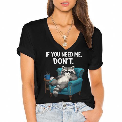 Lazy Raccoon Sarcastic Introvert Humor Japanese Animal Women's Jersey Short Sleeve Deep V-Neck Tshirt - Raresse